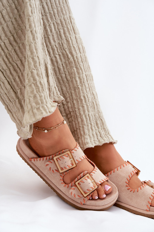 sieviešu čības ar sprādzēm I Ozdobnym Obszyciem smilšu krāsas Visley sieviešu čības ar sprādzēm I Ozdobnym Obszyciem smilšu krāsas Visley