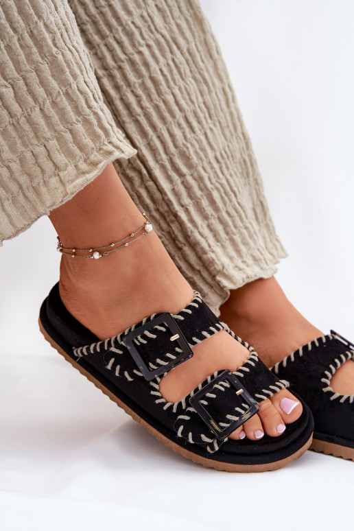 sieviešu čības ar sprādzēm I Ozdobnym Obszyciem Melns Visley sieviešu čības ar sprādzēm I Ozdobnym Obszyciem Melns Visley