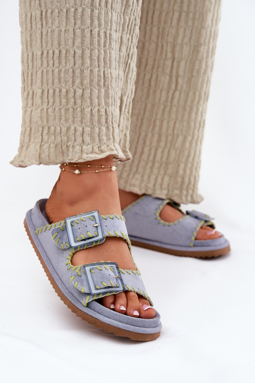 sieviešu čības ar sprādzēm I Ozdobnym Obszyciem Zilas krāsas Visley sieviešu čības ar sprādzēm I Ozdobnym Obszyciem Zilas krāsas Visley