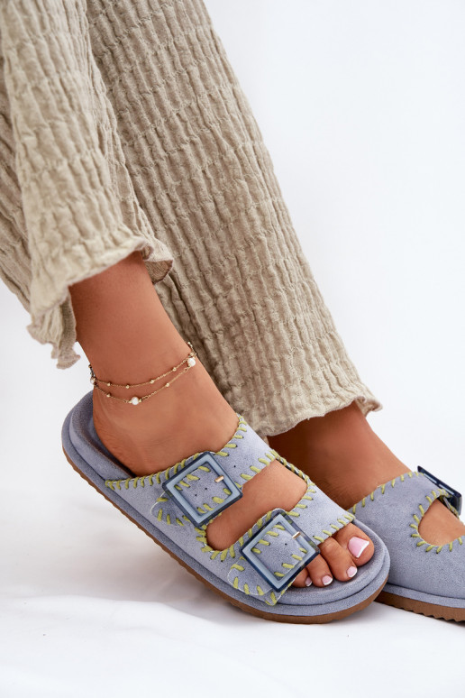 sieviešu čības ar sprādzēm I Ozdobnym Obszyciem Zilas krāsas Visley sieviešu čības ar sprādzēm I Ozdobnym Obszyciem Zilas krāsas Visley