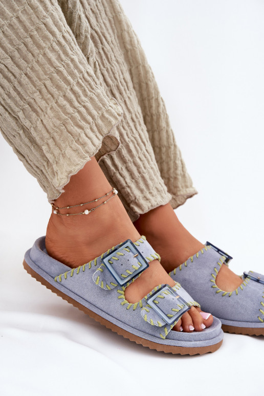 sieviešu čības ar sprādzēm I Ozdobnym Obszyciem Zilas krāsas Visley sieviešu čības ar sprādzēm I Ozdobnym Obszyciem Zilas krāsas Visley