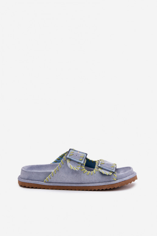 sieviešu čības ar sprādzēm I Ozdobnym Obszyciem Zilas krāsas Visley sieviešu čības ar sprādzēm I Ozdobnym Obszyciem Zilas krāsas Visley