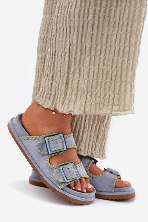 sieviešu čības ar sprādzēm I Ozdobnym Obszyciem Zilas krāsas Visley sieviešu čības ar sprādzēm I Ozdobnym Obszyciem Zilas krāsas Visley