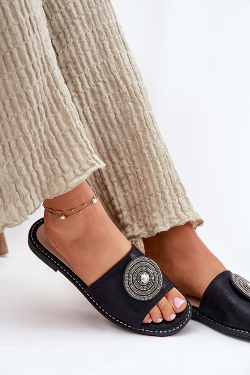 sieviešu čības ar platiem papēžiem ar ornamentiem S.Barski KV51-013 Melns sieviešu čības ar platiem papēžiem ar ornamentiem S.Barski KV51-013 Melns