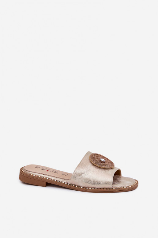 sieviešu čības ar platiem papēžiem ar ornamentiem S.Barski KV51-013 Zelta krāsas sieviešu čības ar platiem papēžiem ar ornamentiem S.Barski KV51-013 Zelta krāsas