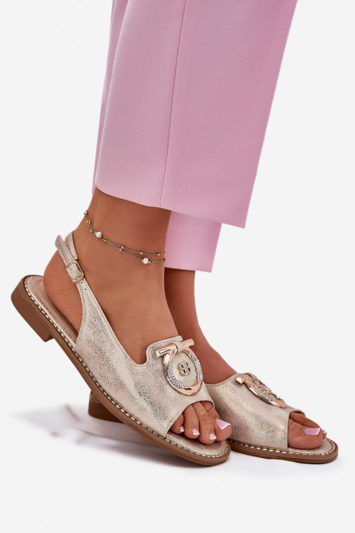 Eleganta stila sandales ar ornamentiem ar platiem papēžiem S.Barski KV51-003 Zelta krāsas Eleganta stila sandales ar ornamentiem ar platiem papēžiem S.Barski KV51-003 Zelta krāsas