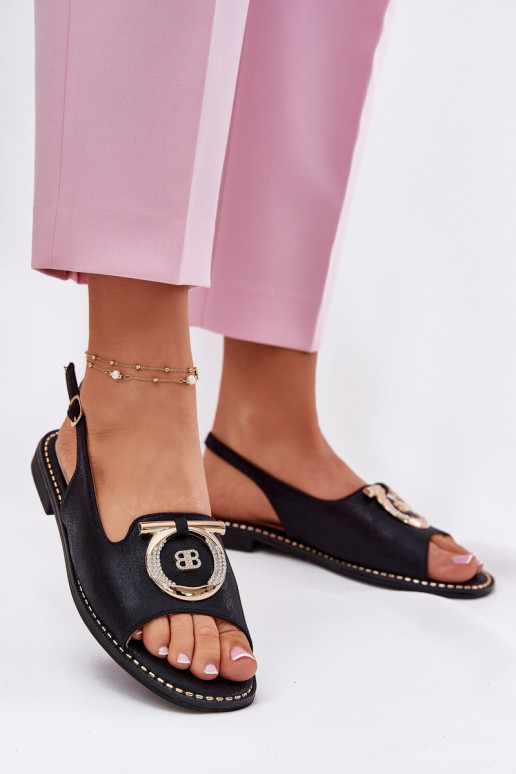 Eleganta stila sandales ar ornamentiem un platām papēžiem S.Barski KV51-003 melnā krāsā