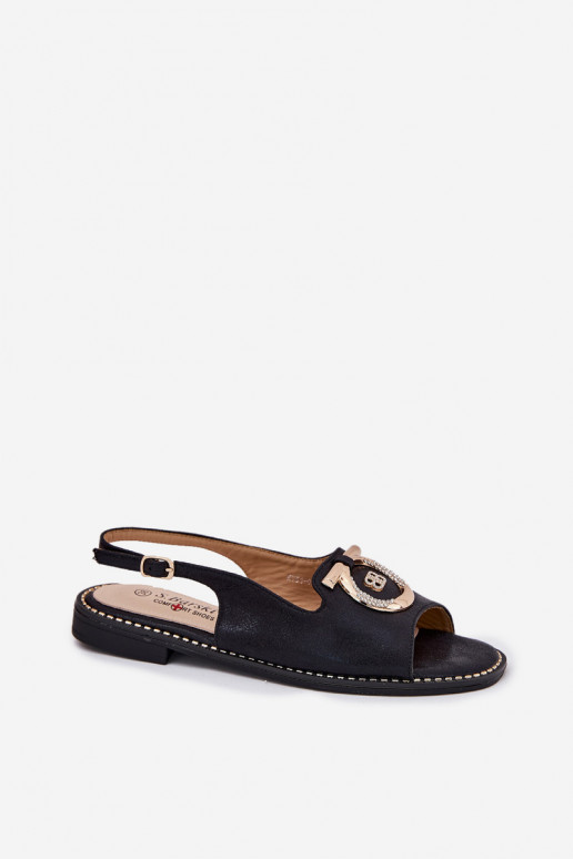 Eleganta stila sandales ar ornamentiem un platām papēžiem S.Barski KV51-003 melnā krāsā