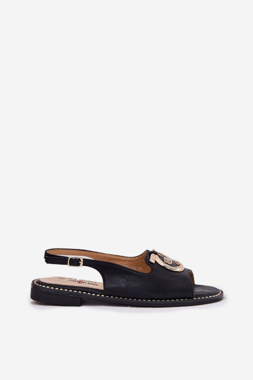 Eleganta stila sandales ar ornamentiem un platām papēžiem S.Barski KV51-003 melnā krāsā
