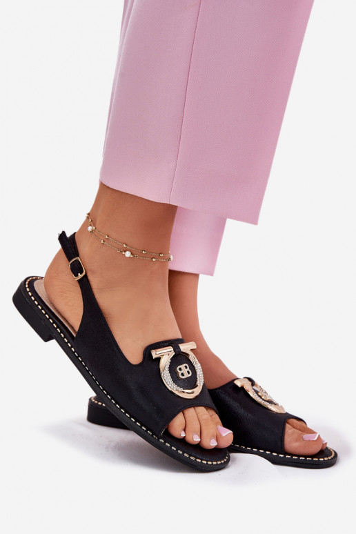 Eleganta stila sandales ar ornamentiem ar platiem papēžiem S.Barski KV51-003 Melns Eleganta stila sandales ar ornamentiem ar platiem papēžiem S.Barski KV51-003 Melns