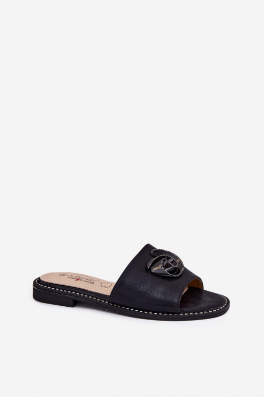 sieviešu čības ar platiem papēžiem  Detalem KV51-007 Melns sieviešu čības ar platiem papēžiem  Detalem KV51-007 Melns