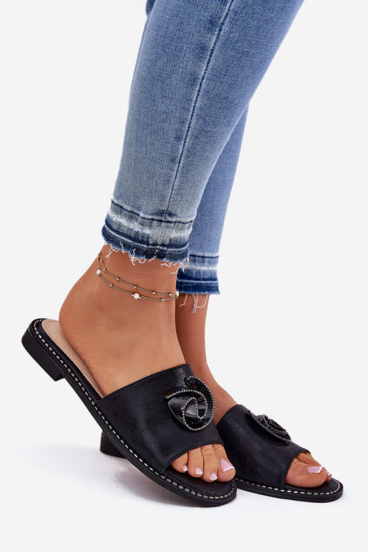 sieviešu čības ar platiem papēžiem  Detalem KV51-007 Melns sieviešu čības ar platiem papēžiem  Detalem KV51-007 Melns