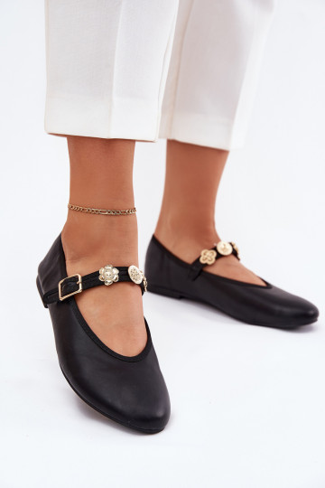 Balerīnas  ar siksniņām I Zelta krāsasmi Przypinkami Melns Firicene