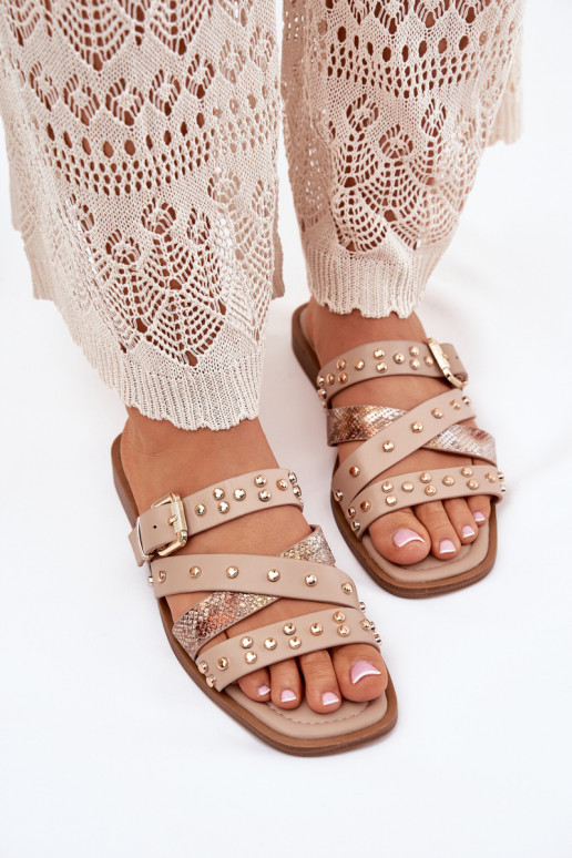 Dekorētas sieviešu čības ar platiem papēžiem Ar svītrām I ar sprādzēm smilšu krāsas Manitte