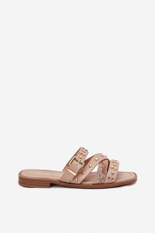 Dekorētas sieviešu čības ar platiem papēžiem Ar svītrām I ar sprādzēm smilšu krāsas Manitte