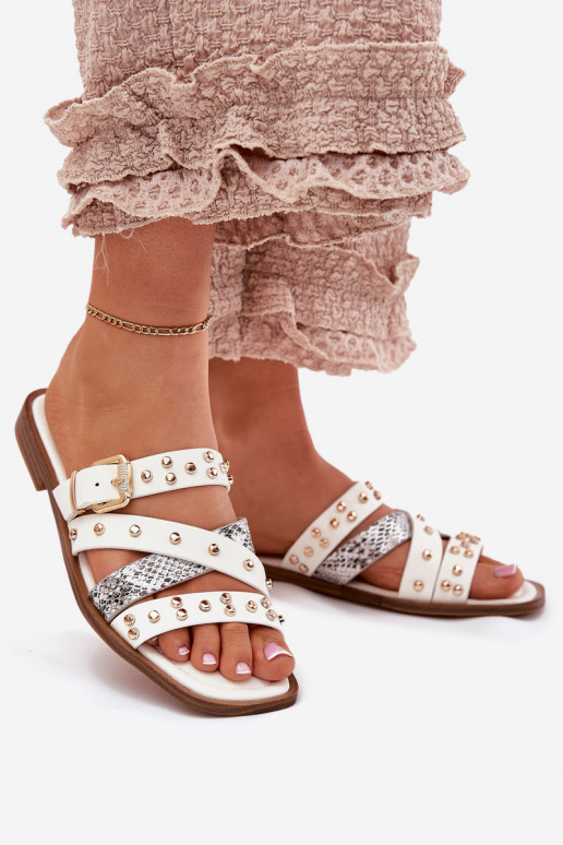 Dekorētas sieviešu čības ar platiem papēžiem Ar svītrām I ar sprādzēm baltas krāsas Manitte