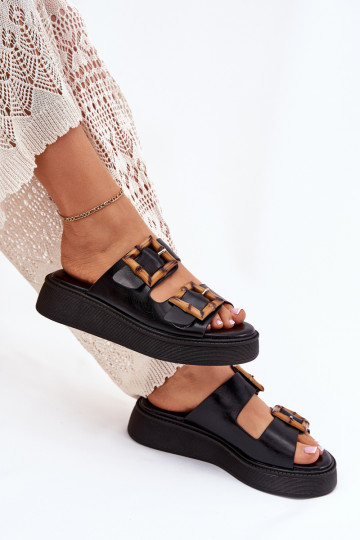 Eko Čibas no dabīgas ādas  ar platformu ar sprādzēm Melns Xanivia