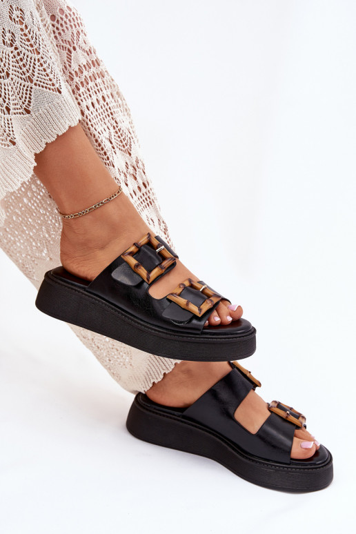 Eko Čibas no dabīgas ādas  ar platformu ar sprādzēm Melns Xanivia