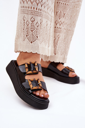 Eko Čibas no dabīgas ādas  ar platformu ar sprādzēm Melns Xanivia 2