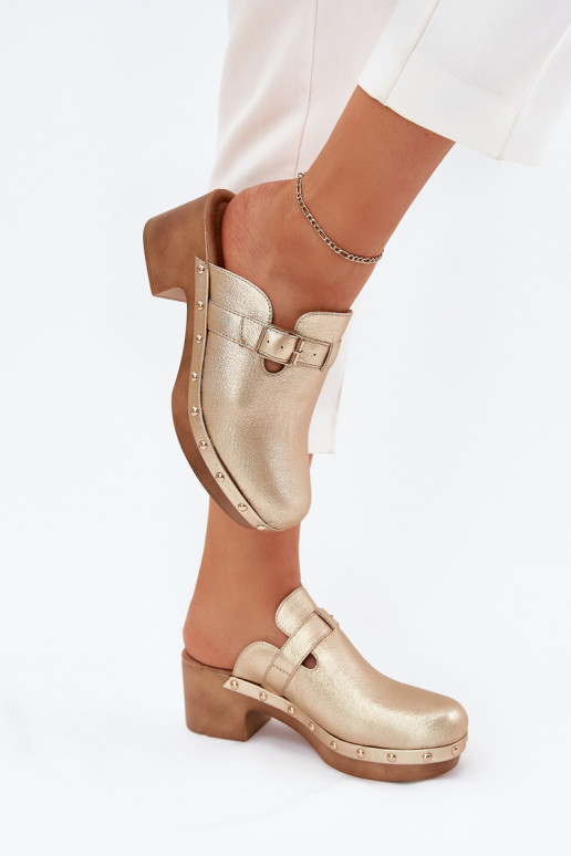 Čības   ar papēdi ar sprādzēm Zelta krāsas Veldexina Čības   ar papēdi ar sprādzēm Zelta krāsas Veldexina