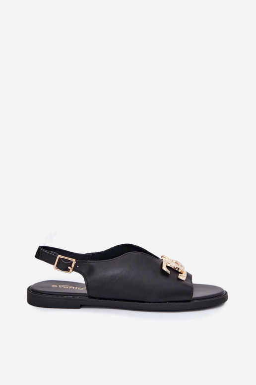 Sieviešu siksniņas ar platām papēžiem un zelta detaļām Amelira melnās krāsas