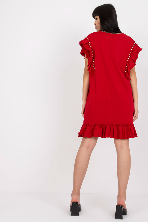 Bordo kokvilnas mini kleita ar volāniem