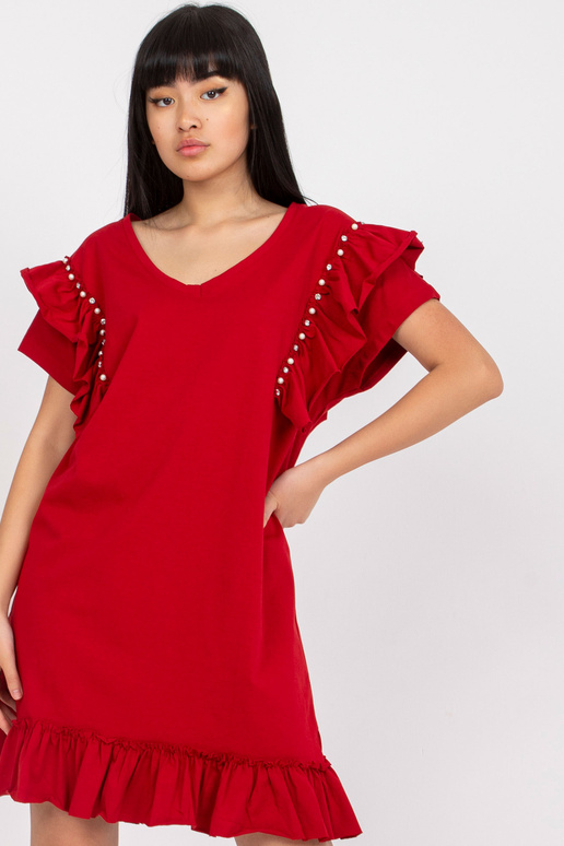 Bordo kokvilnas mini kleita ar volāniem