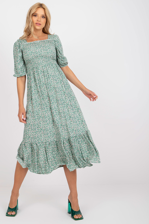 Zaļa puķaina midi kleita ar īsām...