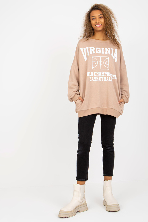 Bēšs brīvs sieviešu džemperis ar apdruku