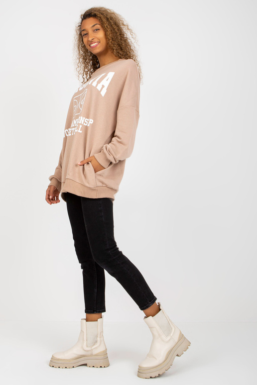 Bēšs brīvs sieviešu džemperis ar apdruku