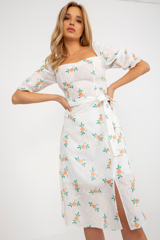 Balta un oranža puķaina midi kleita...
