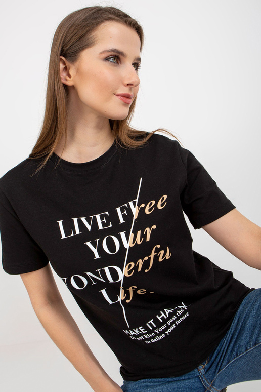 Melns kokvilnas sieviešu T-krekls ar... Melns kokvilnas sieviešu T-krekls ar...