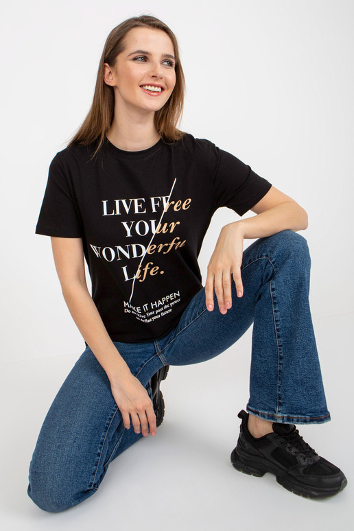 Melns kokvilnas sieviešu T-krekls ar... Melns kokvilnas sieviešu T-krekls ar...