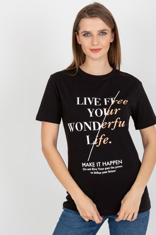 Melns kokvilnas sieviešu T-krekls ar... Melns kokvilnas sieviešu T-krekls ar...