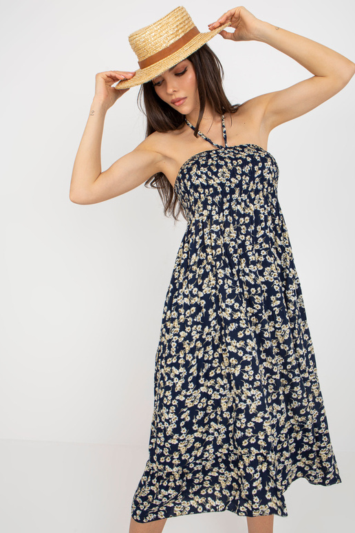 Tumši zila ziedu kleita ar kaklasaiti...