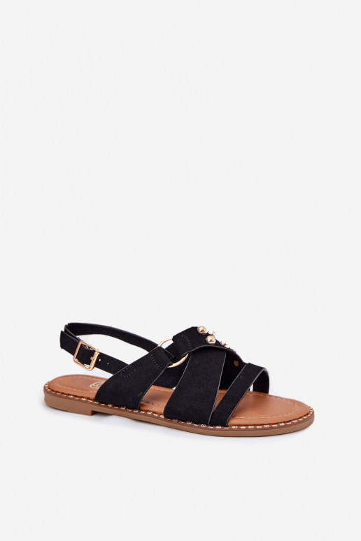 Sieviešu sandales ar platiem papēžiem un zelta sprādzēm melnā krāsā Zanira