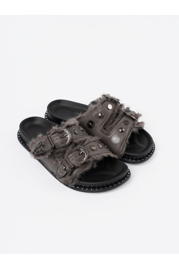 Pelēkas krāsas čības  ar kažokādu i ćwiekami 2