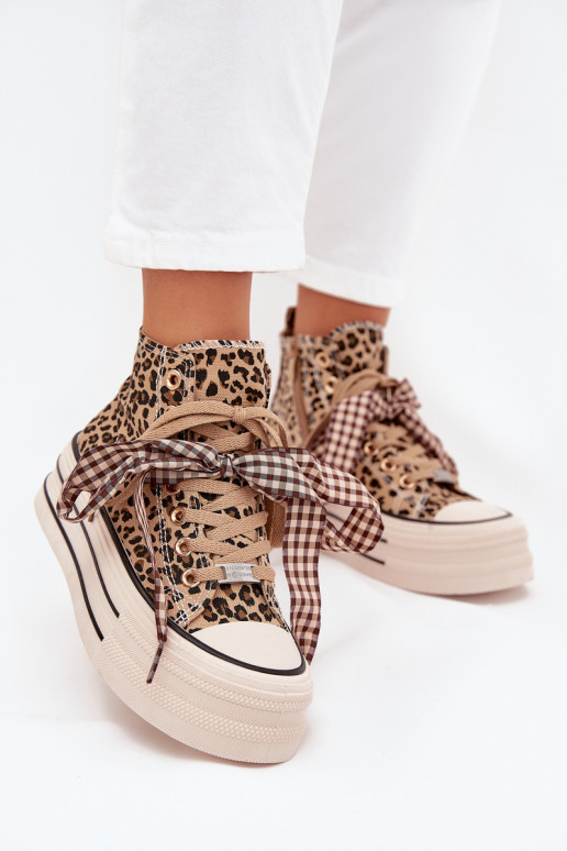 sieviešu puszābaki ar lenšu šņorēm I Zamkiem ar platformu ar leoparda kažokādas rakstu Mavara