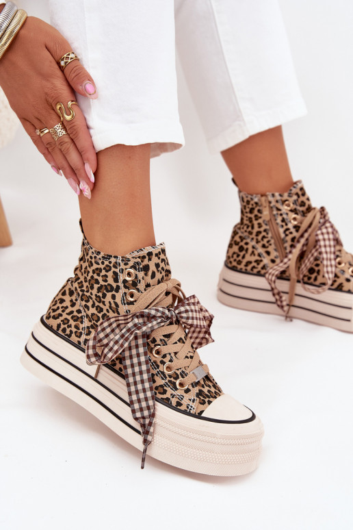 sieviešu puszābaki ar lenšu šņorēm I Zamkiem ar platformu ar leoparda kažokādas rakstu Mavara
