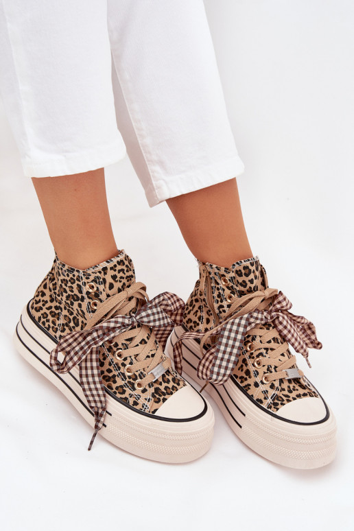 sieviešu puszābaki ar lenšu šņorēm I Zamkiem ar platformu ar leoparda kažokādas rakstu Mavara