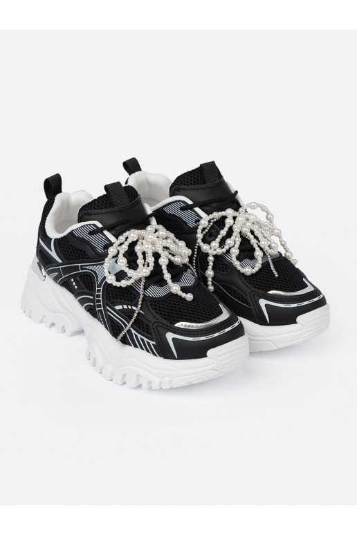 Melns Sporta apavi z białą kokardą i koralikami