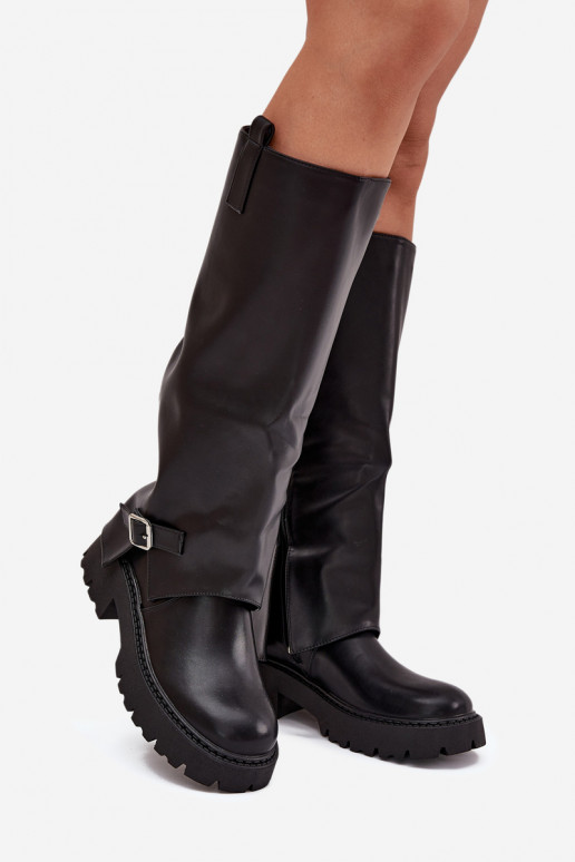 siltināti garie zābaki Z Wywiniętą Cholewką I ar sprādzēm Melns Fiorae