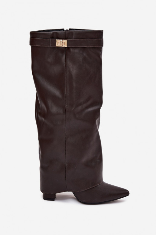 sieviešu garie zābaki ar papēdi Z Wywiniętą Cholewką I Zelta krāsasm Detalem Czekoladowe Diorna