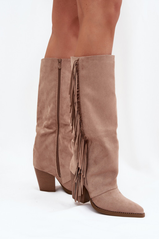 Kovboju stila sieviešu garie zābaki ar pušķiem un papēžiem smilškrāsā Tivara