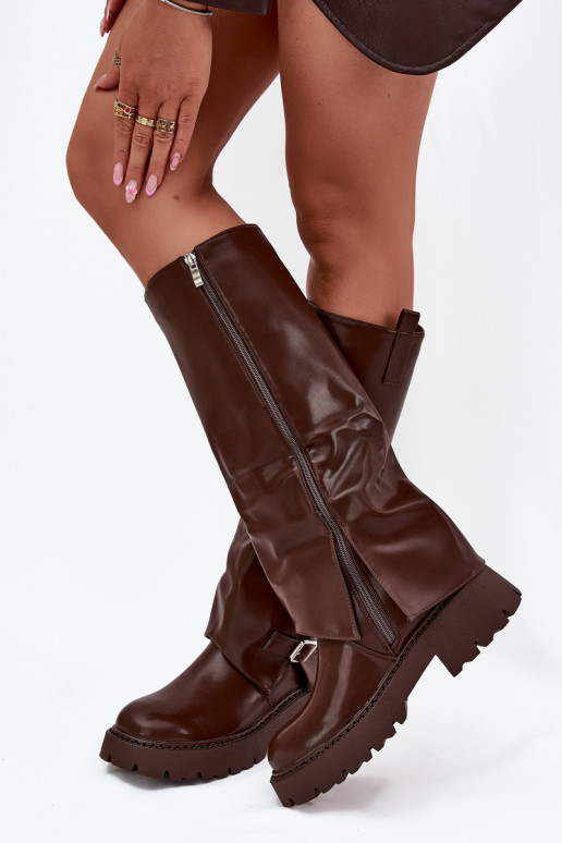 siltināti garie zābaki Z Wywiniętą Cholewką I ar sprādzēm Czekoladowe Fiorae