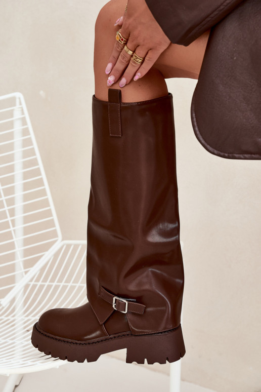 siltināti garie zābaki Z Wywiniętą Cholewką I ar sprādzēm Czekoladowe Fiorae