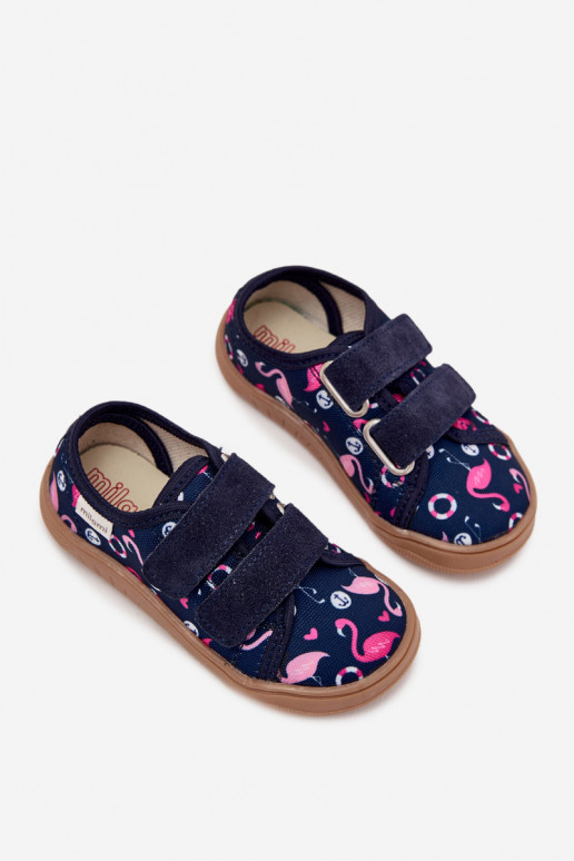 Bērnu tumši zili "Barefoot" čības ar flamingiem Milami Saphira