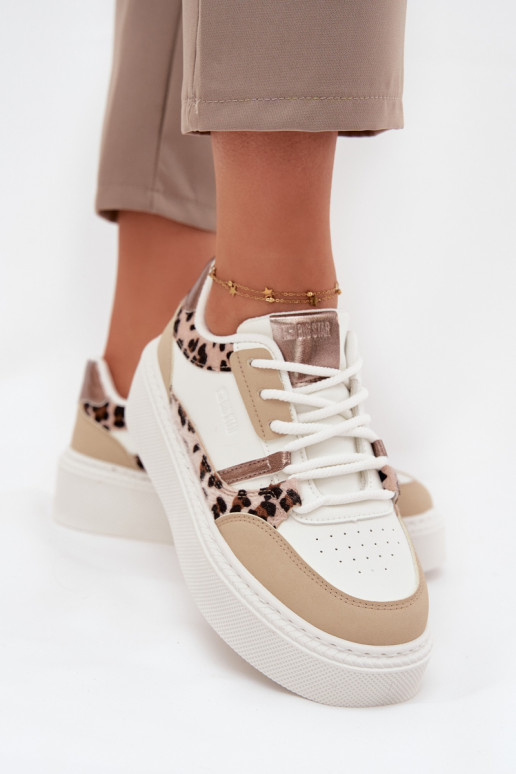 Sieviešu baltas un smilšu krāsas sneakers stila kurpes ar platformu Big Star SS274357 ar leoparda kažokā