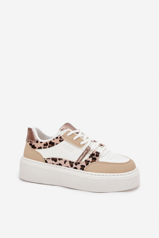 Sieviešu baltas un smilšu krāsas sneakers stila kurpes ar platformu Big Star SS274357 ar leoparda kažokā