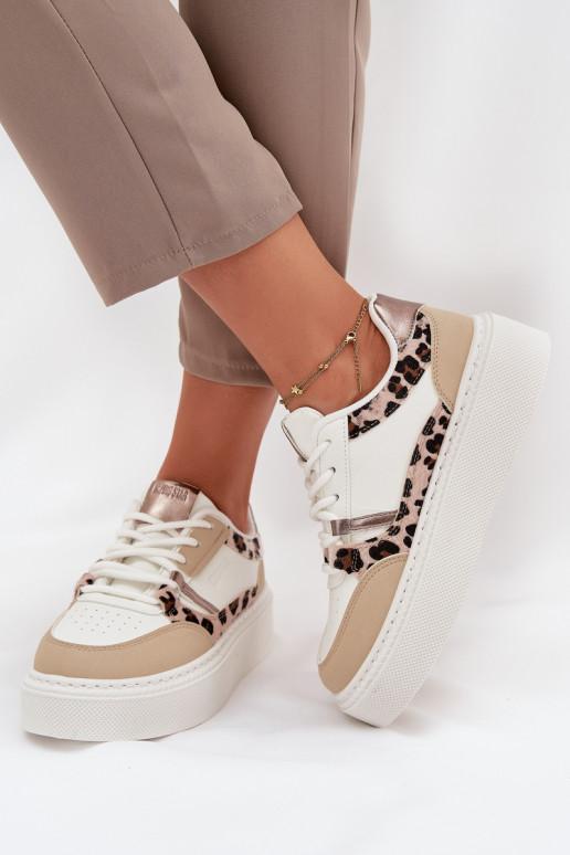 Sieviešu baltas un smilšu krāsas sneakers stila kurpes ar platformu Big Star SS274357 ar leoparda kažokā